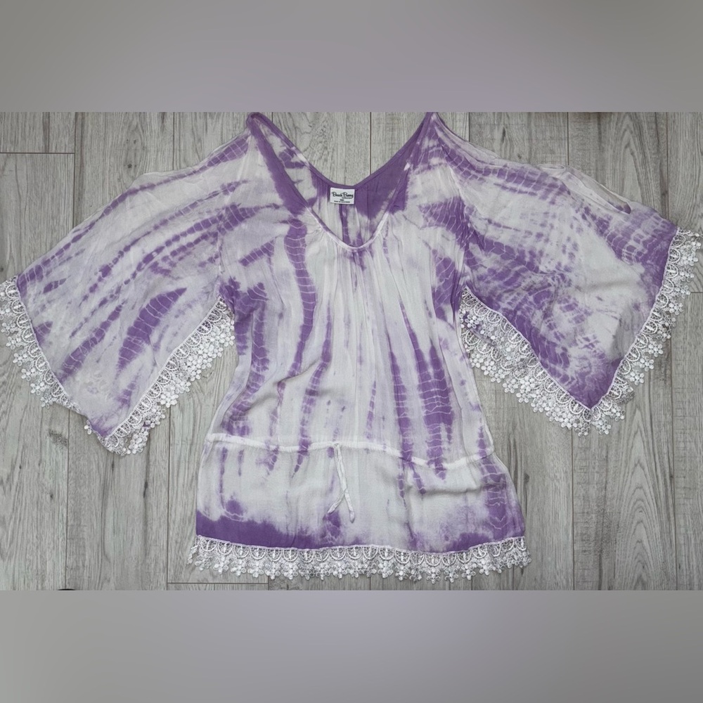Beach Bunny Tie Dye & Lace Perimeter Drawstring Cover Up Tunic Size Medium